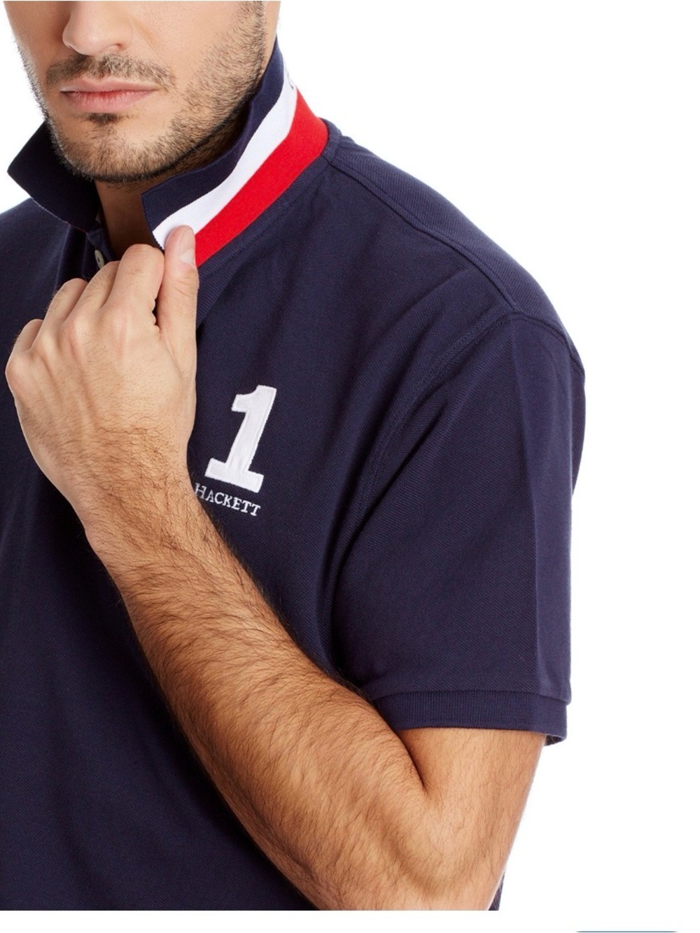 Hackett Navy Polo with Red & White Stripe Collar Logo Print Size XL